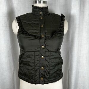Free People Olive Green Quilted Ruffle Puffer Vest‎ Snap Button Fur Lining Sz XS